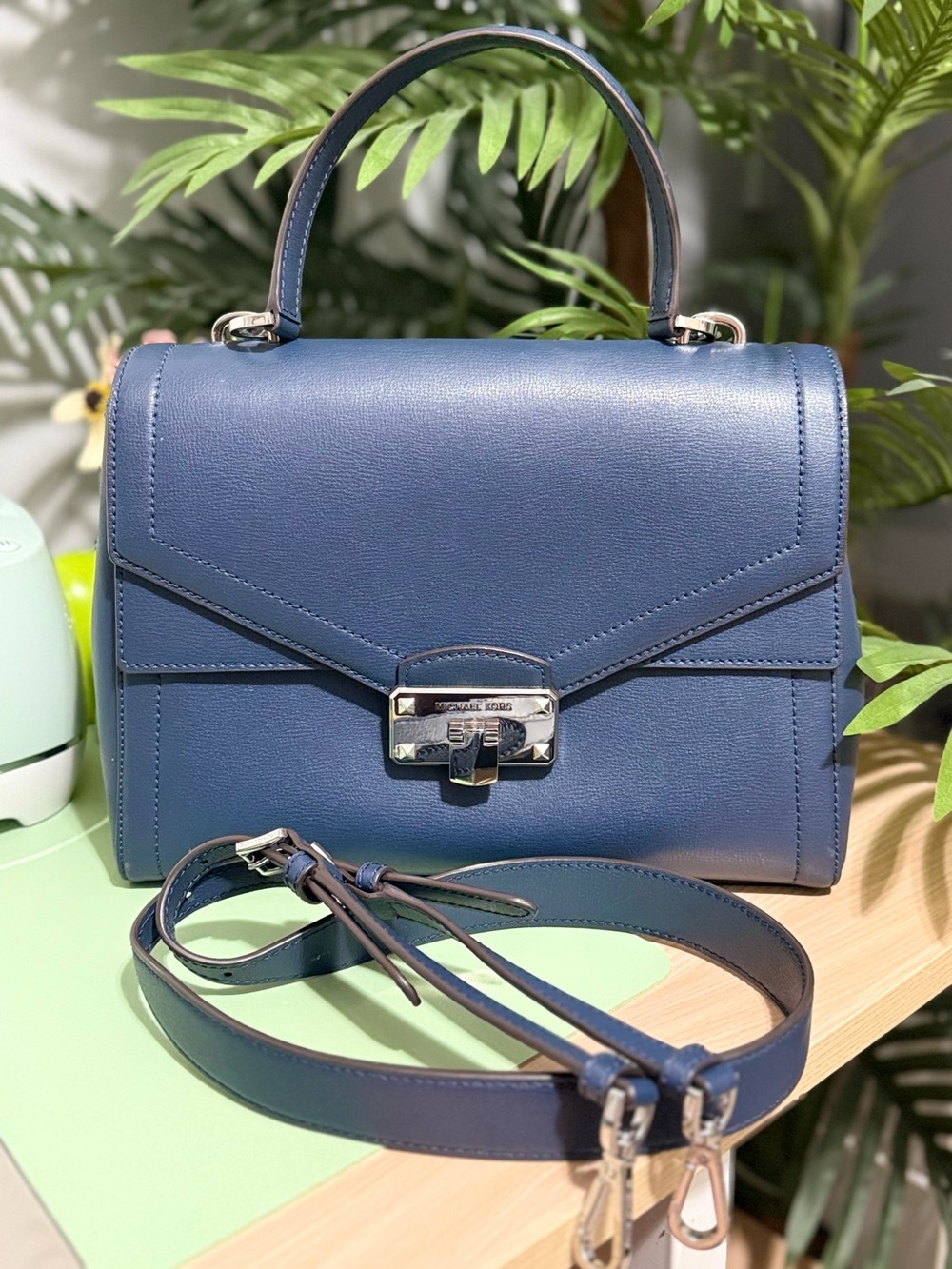 Michael Kors Navy Leather Top-Handle Satchel with Detachable Strap